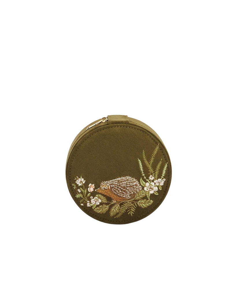 Hedgehog Embroidered Faux Suede Round Jewellery Box in Khaki