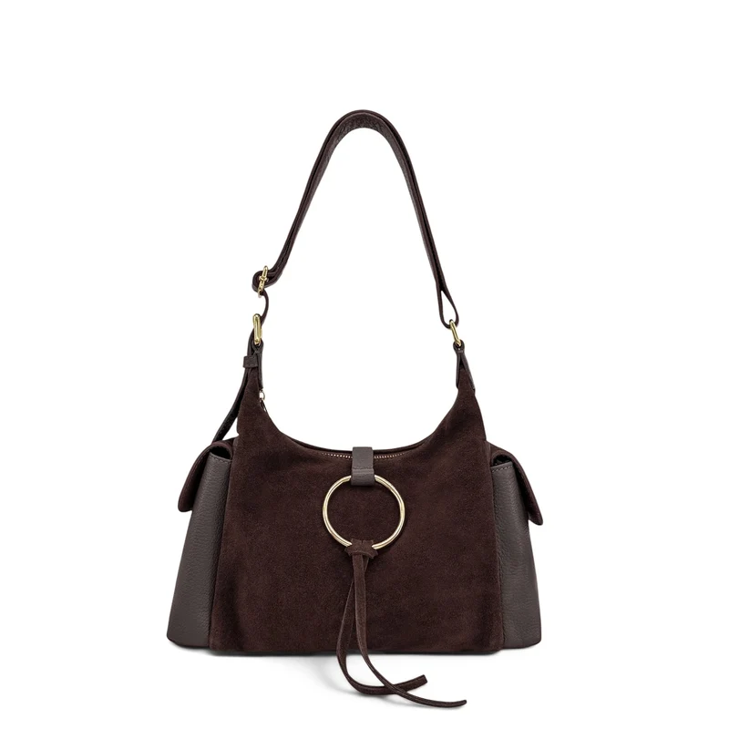 Sac Hobo en cuir grainé et cuir velours LARA Marron chocolat