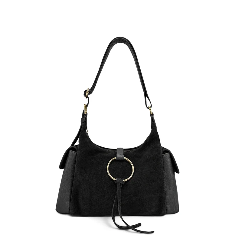 Sac Hobo en cuir grainé et cuir velours LARA Noir