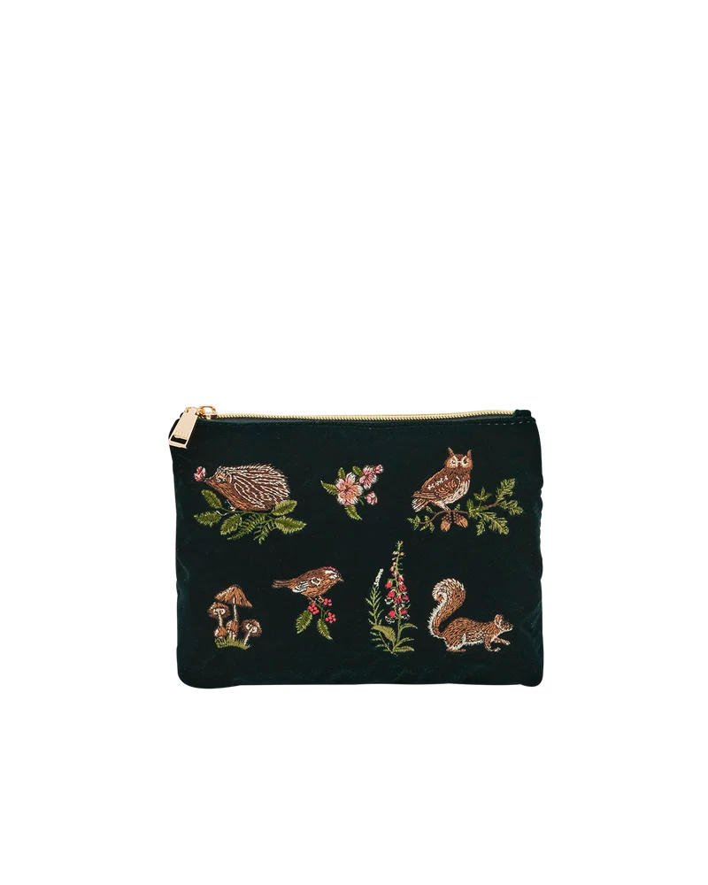 Meadow Scene Embroidered Medium Pouch in Forest Green Velvet