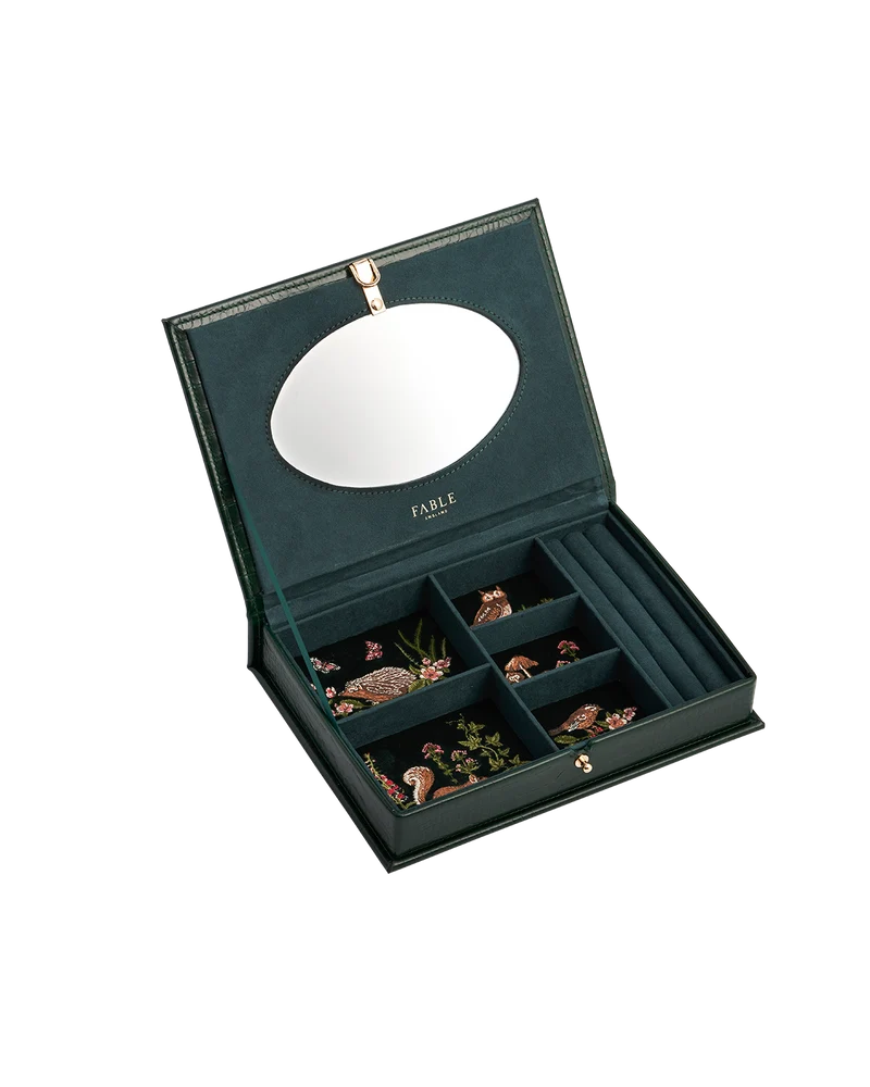 Meadow Scene Embroidered Large Jewellery Box in Forest Green Croc
