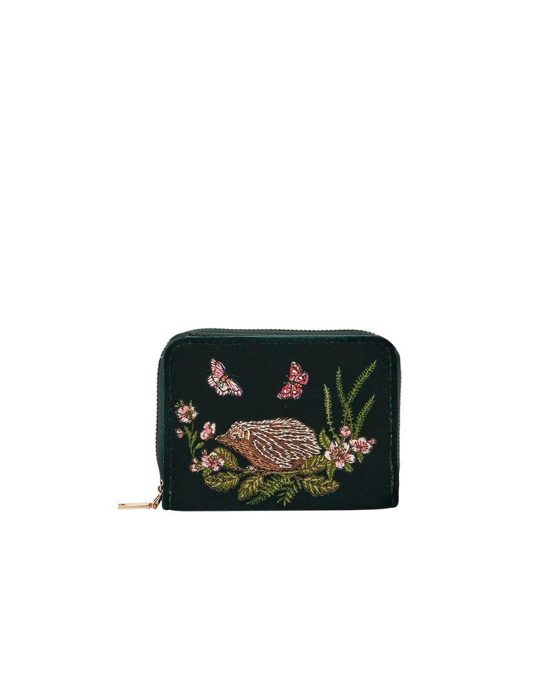 Hedgehog Embroidered Small Purse in Forest Green Velvet
