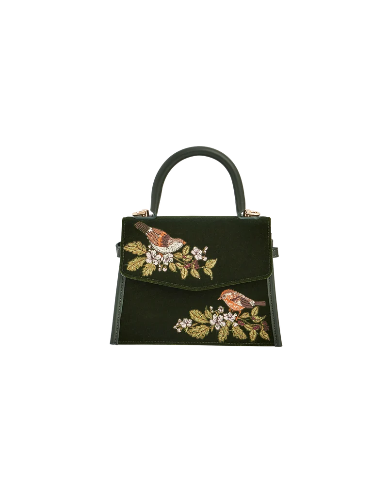 Eliza Wren Embroidered Top handle bag in Green Velvet