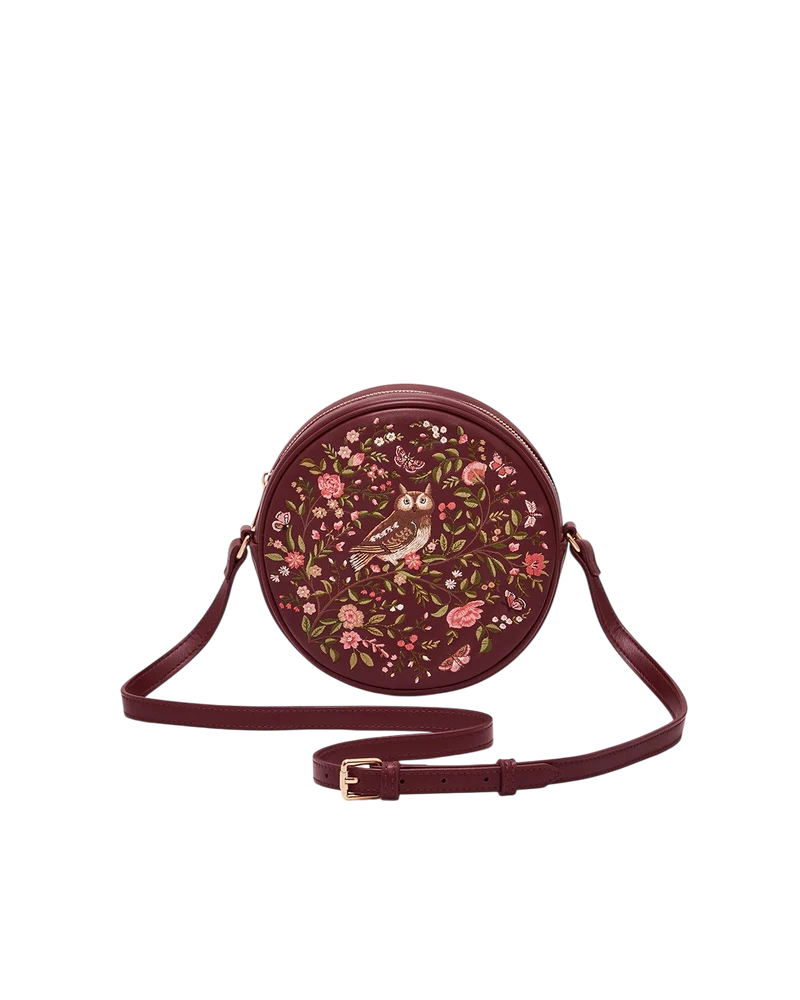 Chloe Owl Embroidered Circle Bag in Burgundy