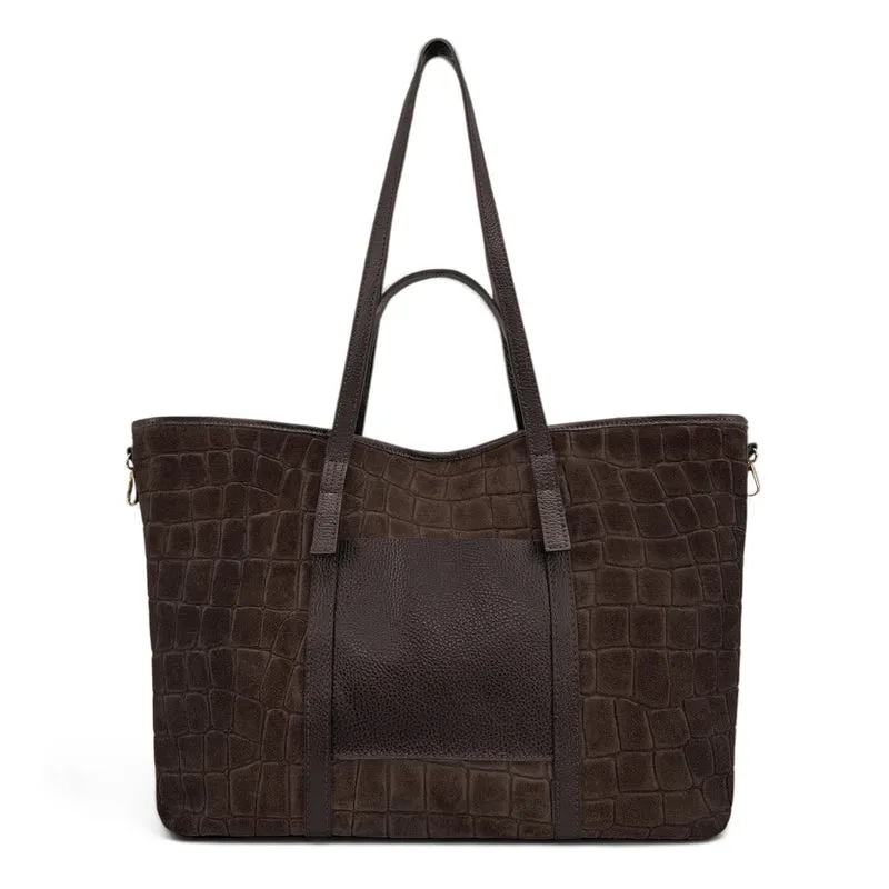 Grand sac cabas en cuir grainé et daim VENICE Marron cacao