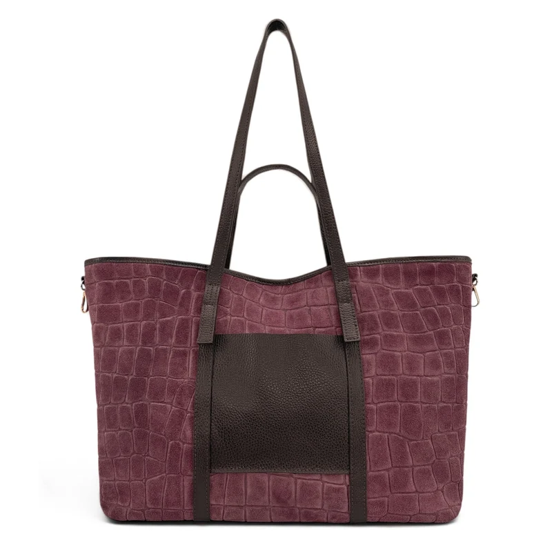 Grand sac cabas en cuir grainé et daim VENICE Bordeaux
