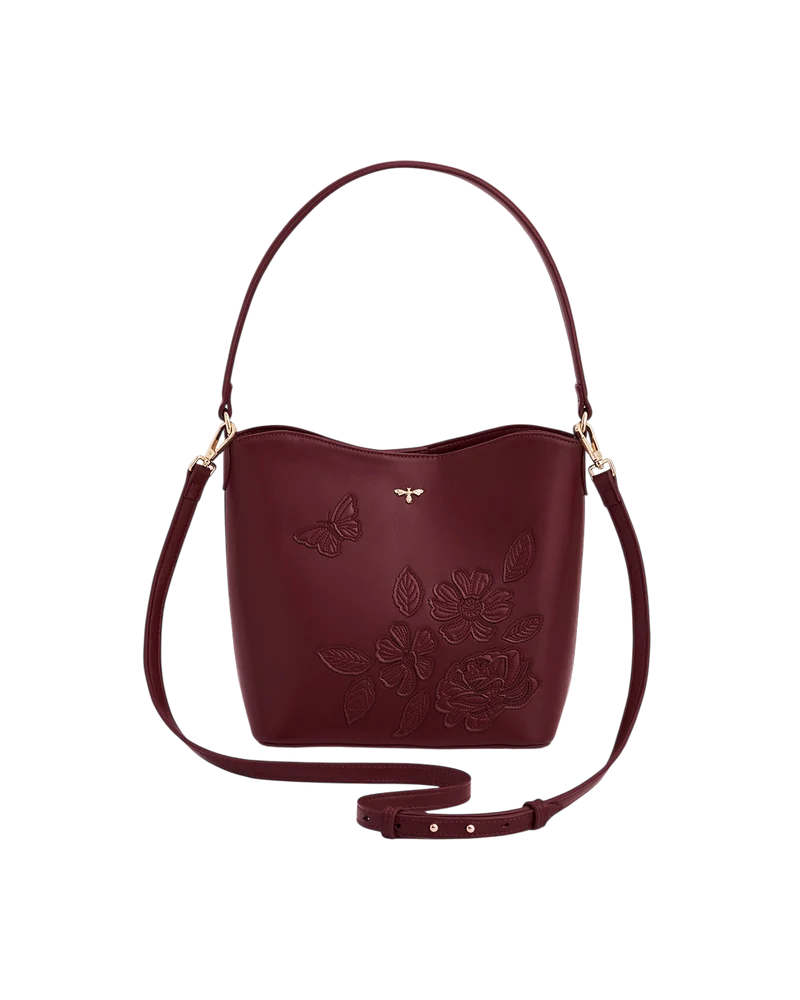 Floral and Butterfly Applique Bucket Bag in Burgundy
