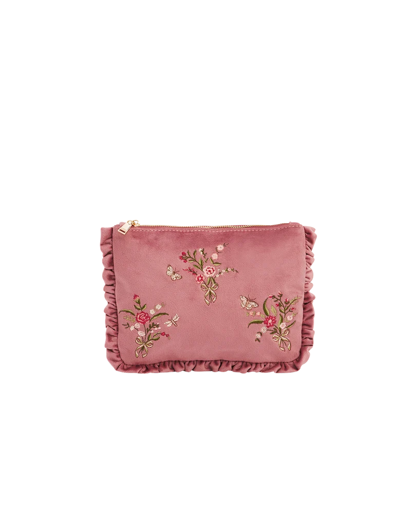 Floral Posy embroidered Medium pouch in Rose Pink Velvet