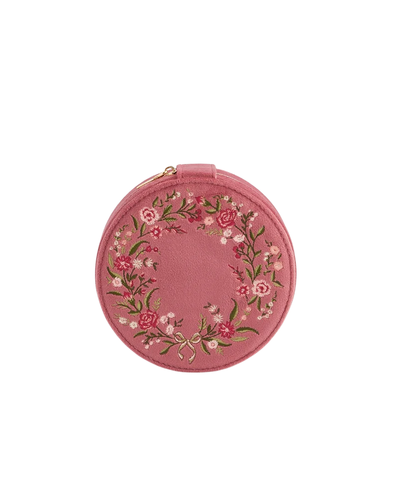 Floral Wreath Embroidered Round Jewellery Box in Rose Pink Velvet