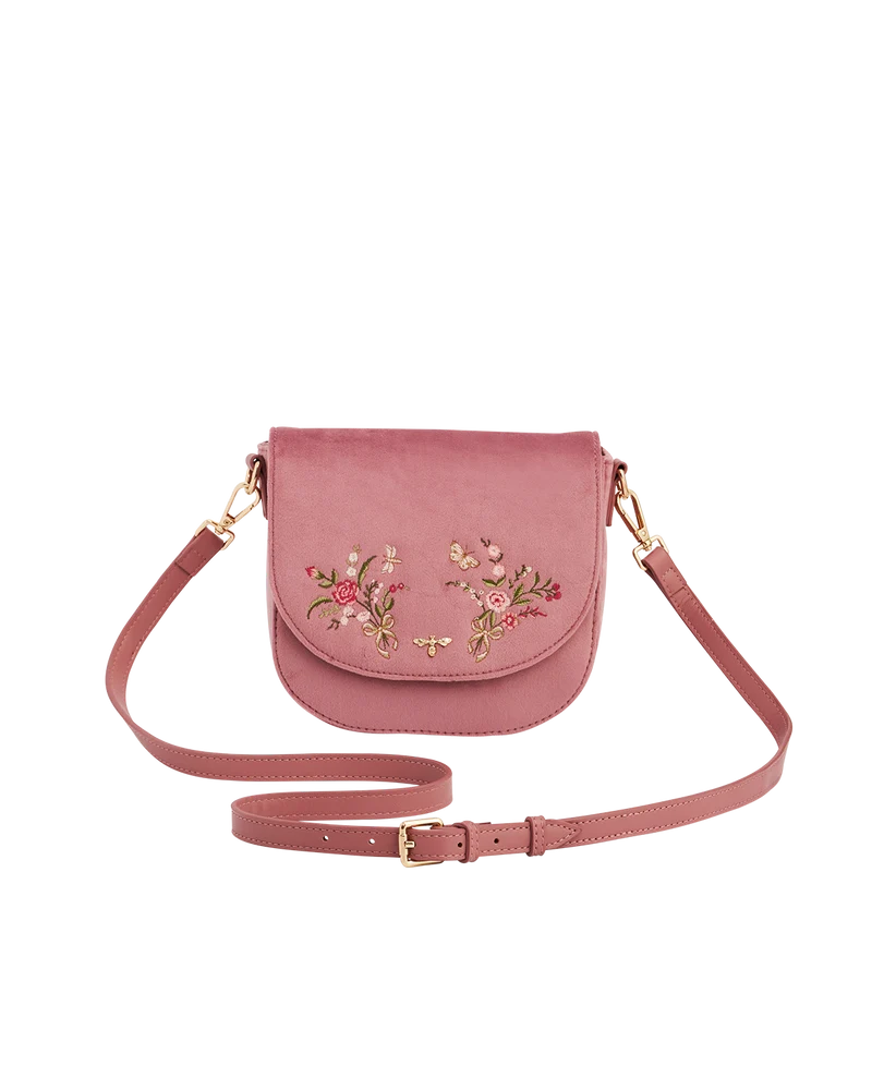 Beth Floral Posy Embroidered Saddle Bag in Rose Pink Velvet