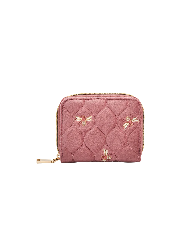 Quilted Bee Embroidered Small Purse in Rose Pink Velvet