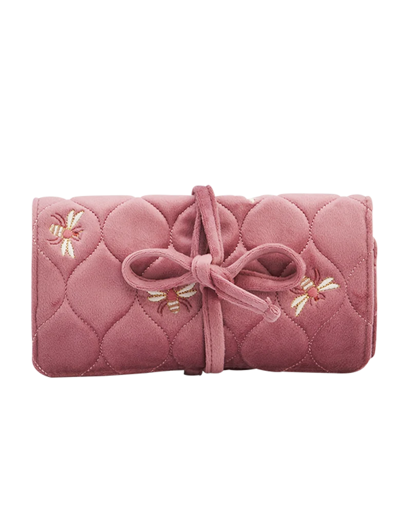 Quilted Bee Embroidered Jewellery Roll In Rose Pink Velvet