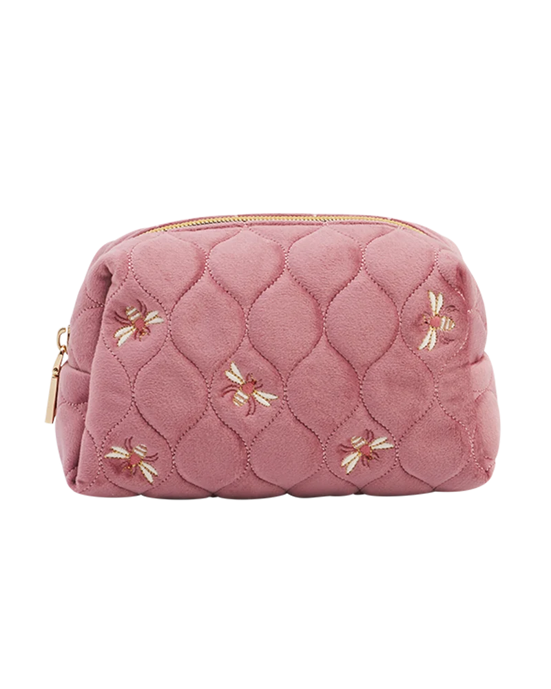 Quilted Bee Embroidered Pouch in Rose Pink Velvet