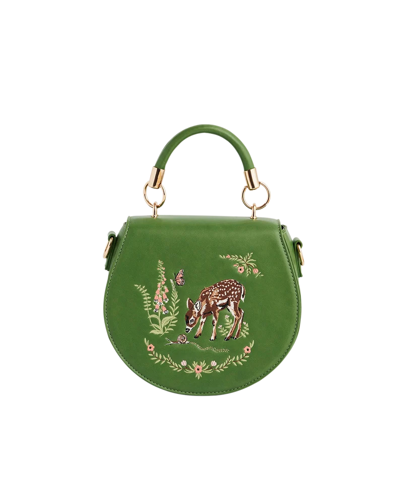 Green Fawn & Snail Embroidered Top Handle Saddle Bag