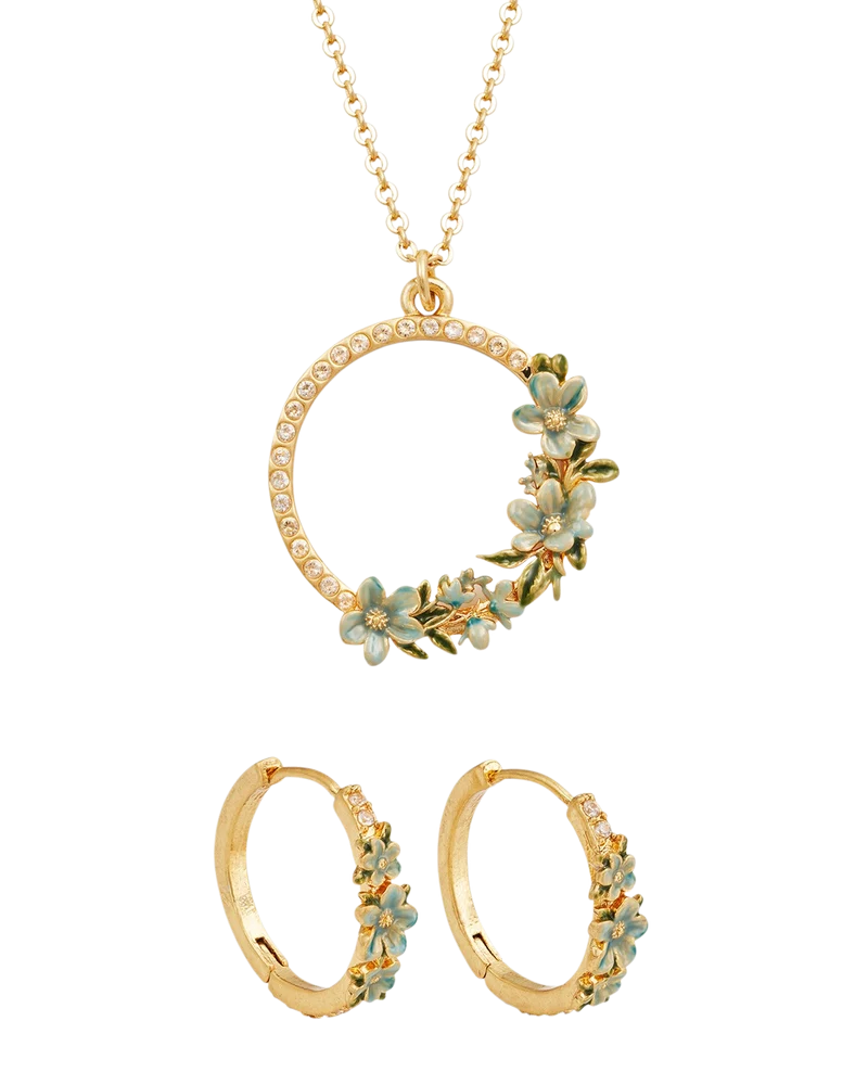 Gold Floral Wreath Necklace & Floral Wreath Hoop Earrings Set