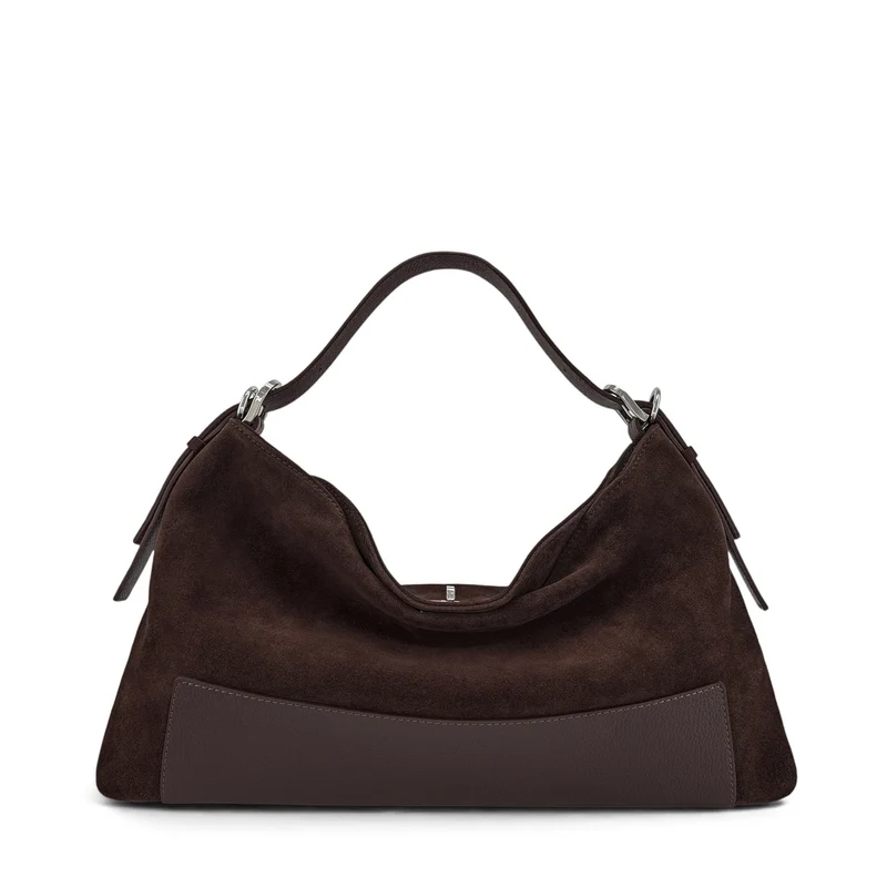 Sac Hobo en cuir grainé et daim HARVEY SUEDE Marron chocolat