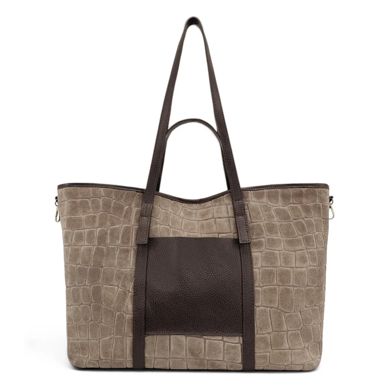 Grand sac cabas en cuir grainé et daim VENICE Taupe foncé