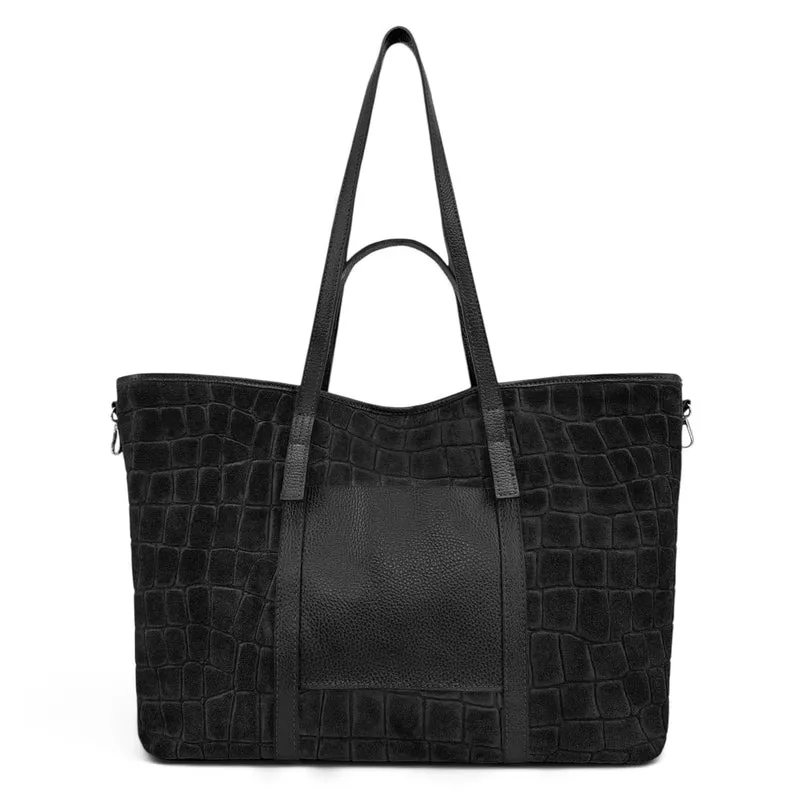 Grand sac cabas en cuir grainé et daim VENICE Noir