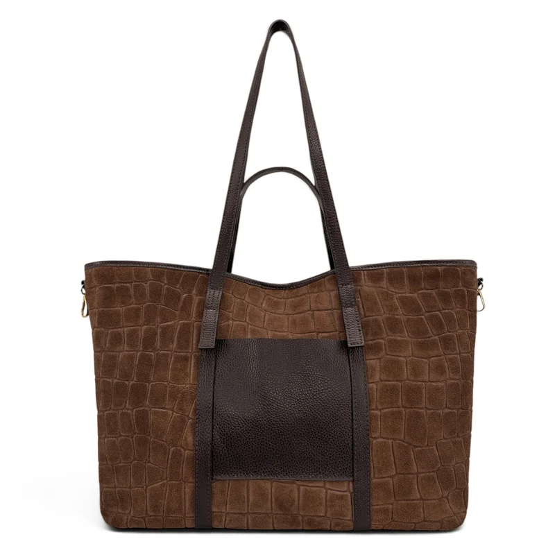 Grand sac cabas en cuir grainé et daim VENICE Marron moka