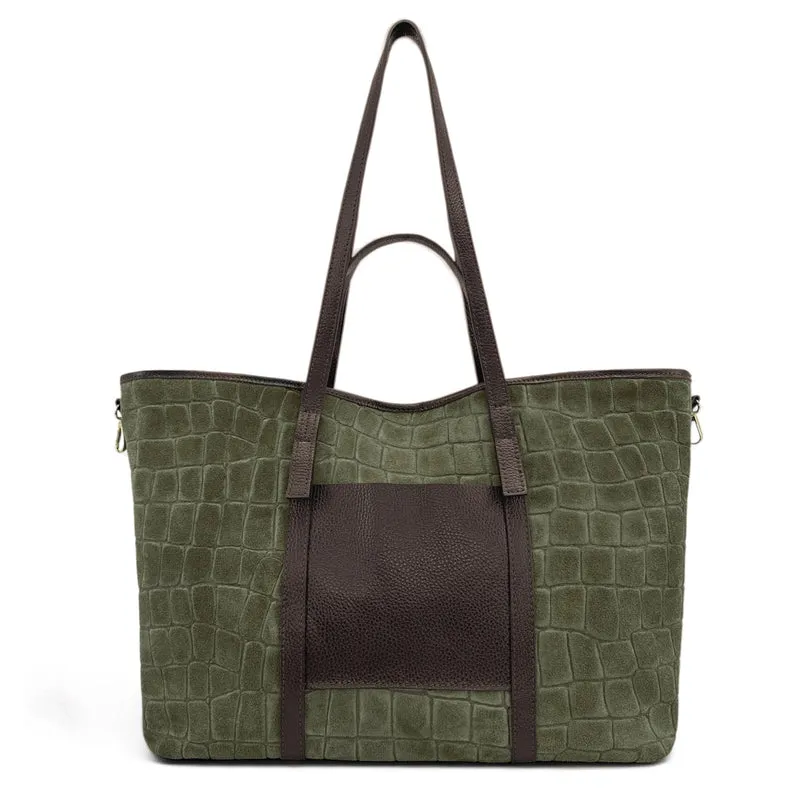 Grand sac cabas en cuir grainé et daim VENICE Vert kaki