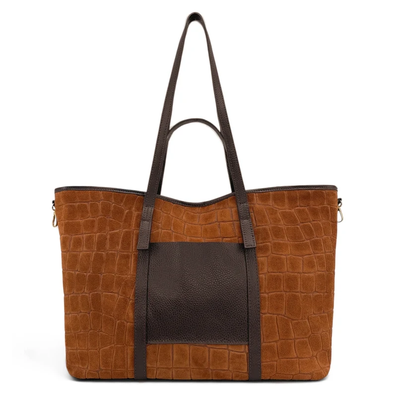 Grand sac cabas en cuir grainé et daim VENICE Marron camel foncé