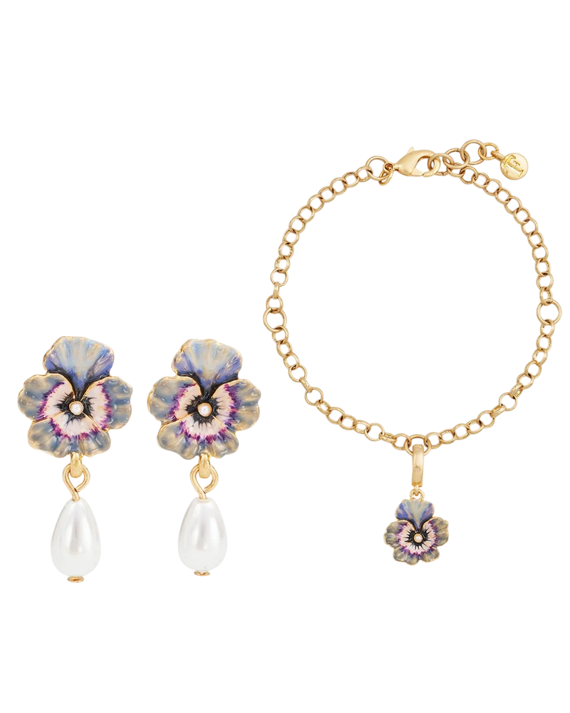 Gold Pansy Pearl Earrings & Pansy & Pearl Collector Charm Bracelet Set