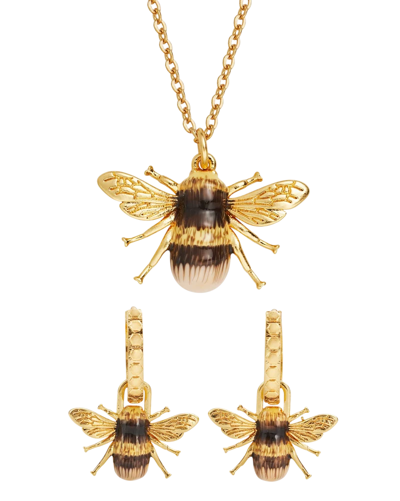 Gold Bee Necklace & Huggie Earrings Set