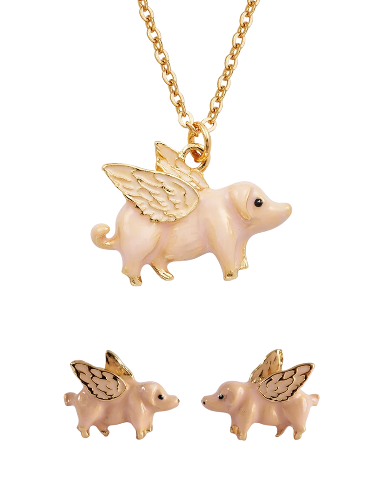 Gold Flying Pig Necklace & Stud Earrings Set