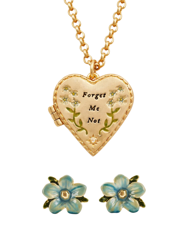 Gold Forget Me Not Heart Locket & Stud Earrings Set