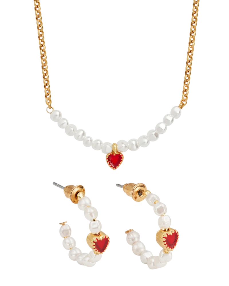 Gold Love Heart Pearl Necklace & Heart Pearl Hoop Earrings Set