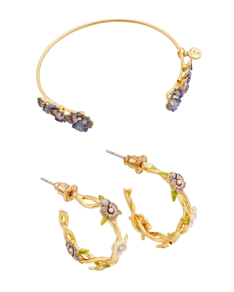 Gold Wildflower Hoop Earrings & Pansy Pearl Bangle Set