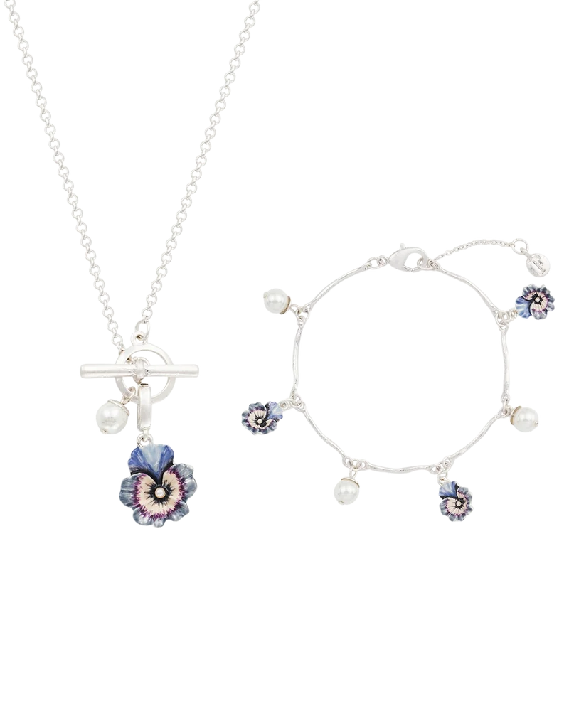 Silver Pansy & Pearl Toggle Necklace & Charm Bracelet Set