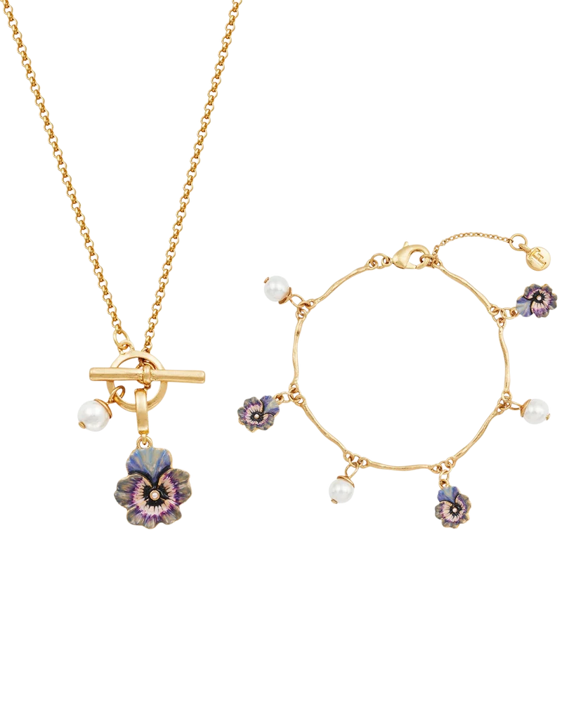 Gold Pansy & Pearl Toggle Necklace & Charm Bracelet Set