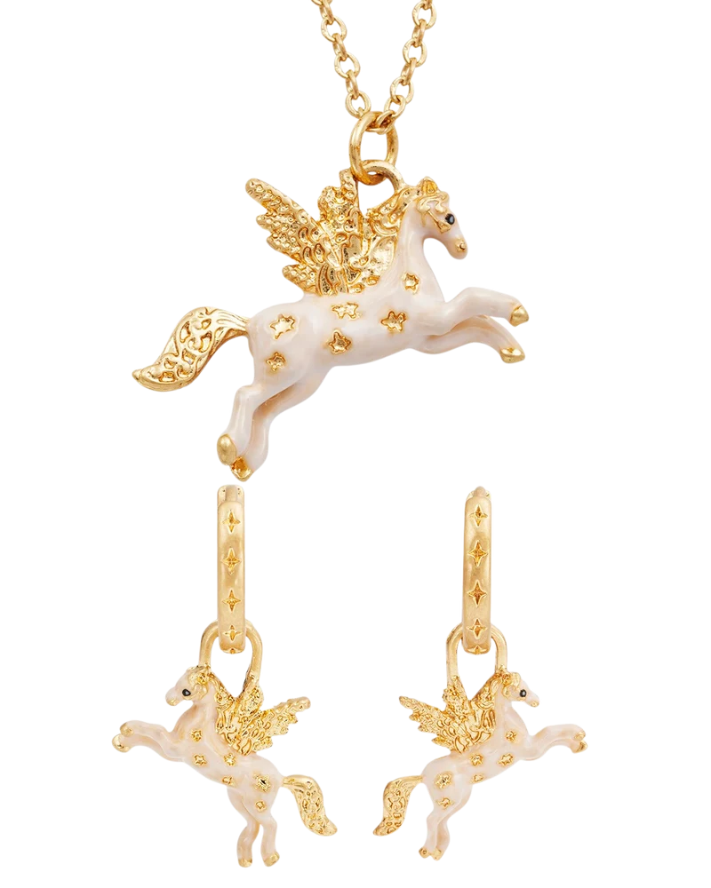 Gold Pegasus Necklace & Huggie Earrings Set