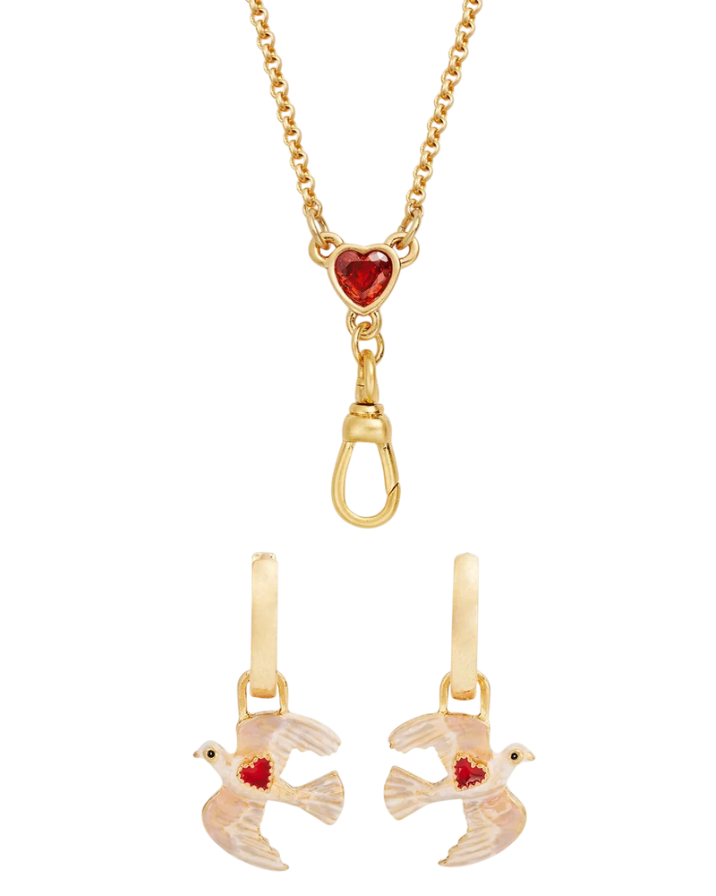 Gold Love Heart Clasp Chain Necklace & Dove Heart Huggie Earrings Set
