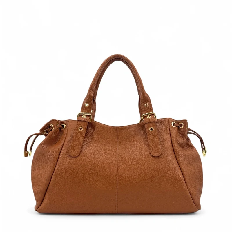 Sac bowling en cuir grainé PRINCESSE XL Marron camel foncé