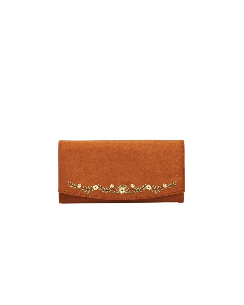 Tan Floral Embroidered Purse Large