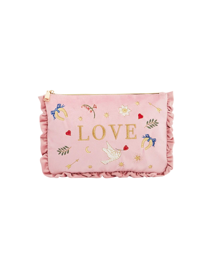 Pink Love Velvet Embroidered Pouch