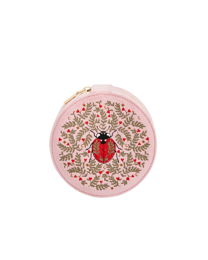 Pink Ladybird Velvet Embroidered Circle Jewellery Box