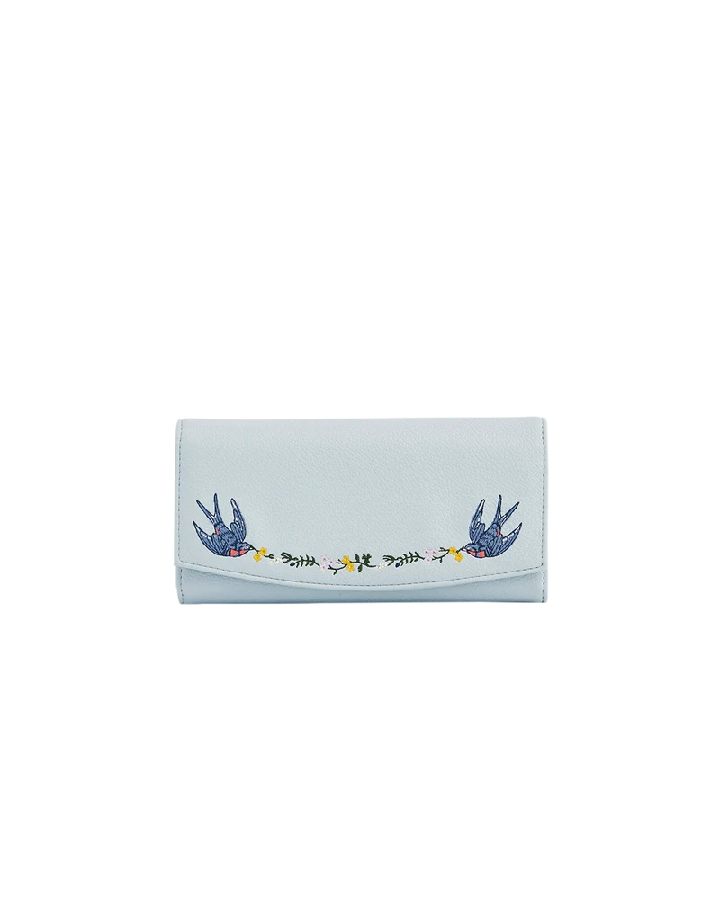 Swallow Embroidered Large Blue Purse