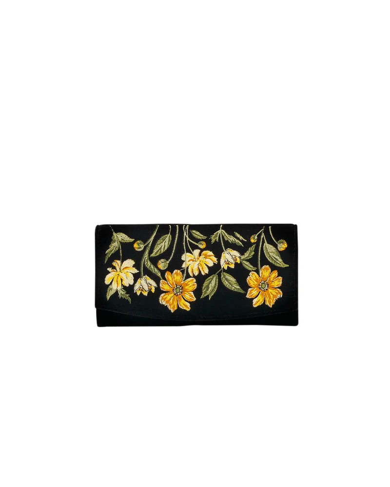 Black Botanical Velvet Embroidered Purse Large