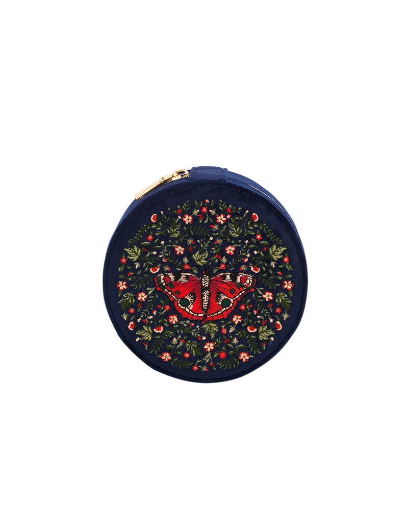 Navy Butterfly Velvet Embroidered Circle Jewellery Box