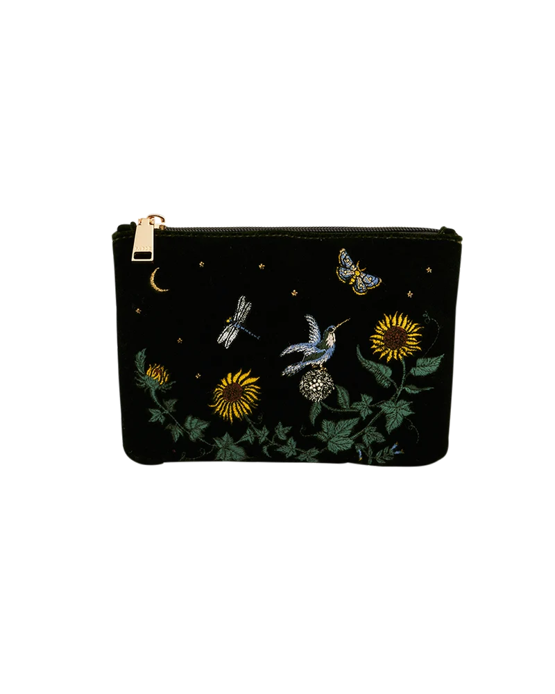 Green Sunflower Velvet Embroidered Pouch