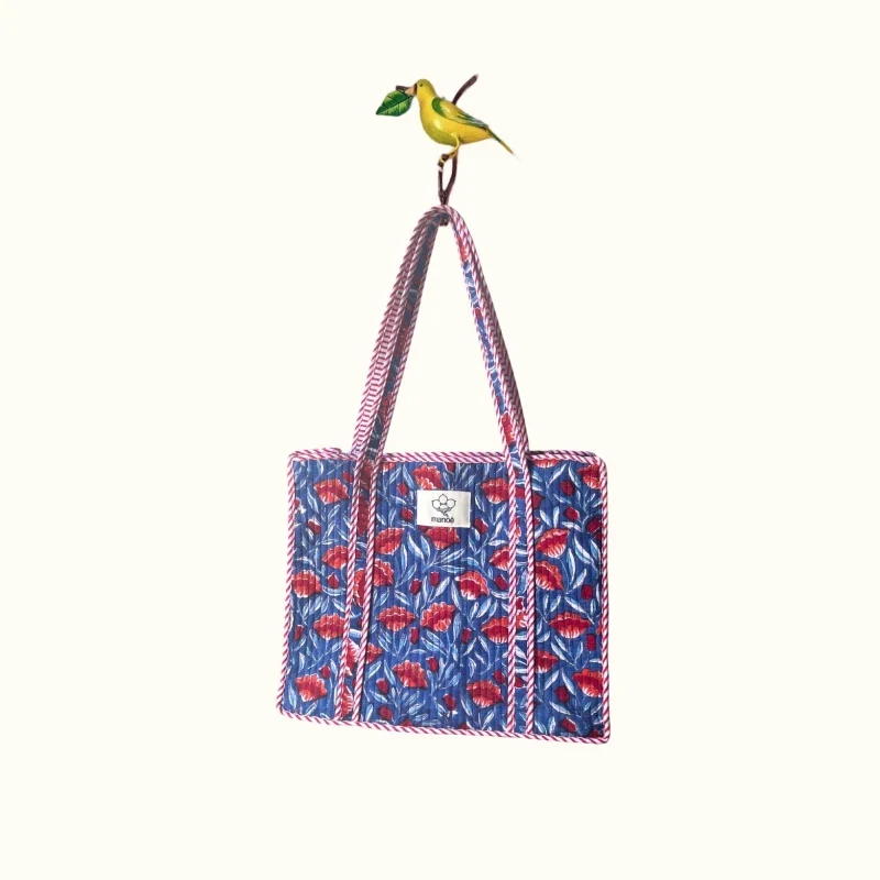 Petit tote bag fermeture Block print - Blue Poppy Crush