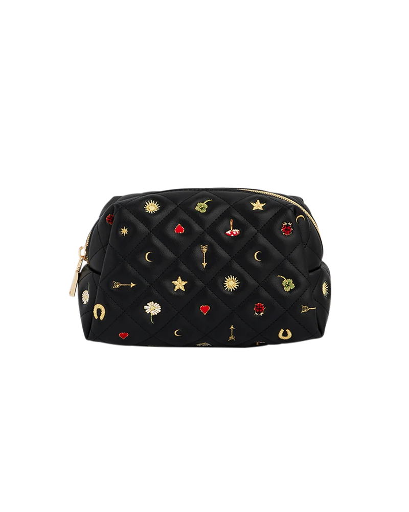 Black Quilted Celestial Embroidered Pouch