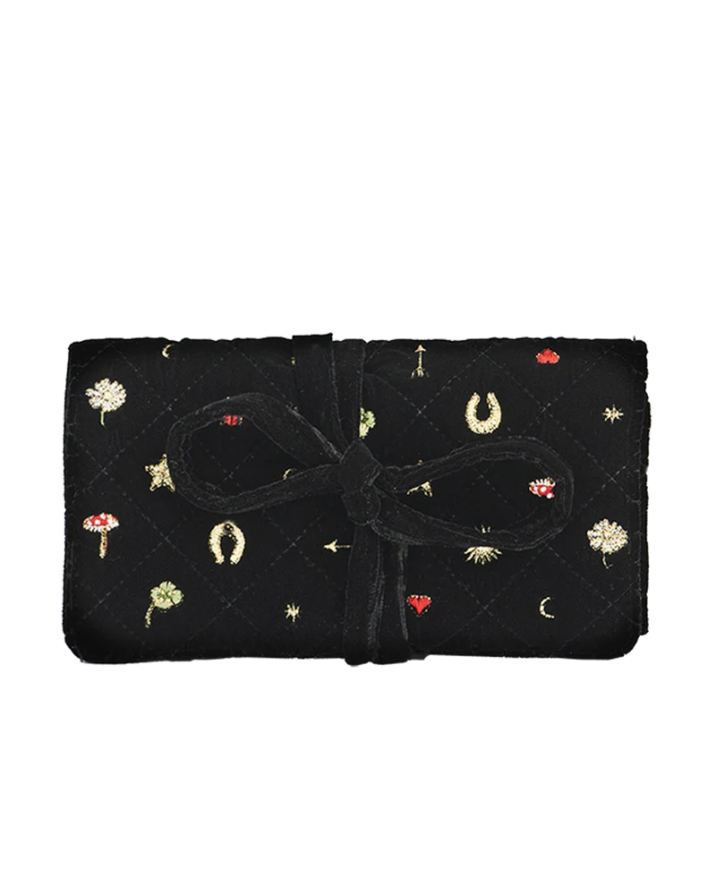 Black Quilted Celestial Velvet Embroidered Jewellery Roll