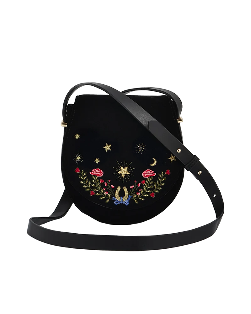 Kate Celestial Embroidered Black Velvet Saddle Bag