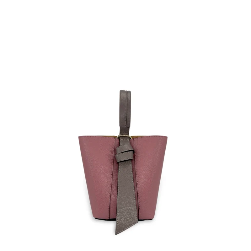 Sac seau et pochette en cuir grainé BIRDIE Taupe foncé et Rose blush