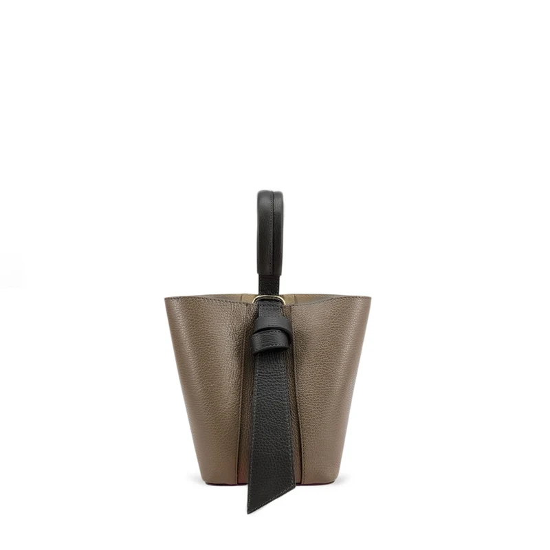 Sac seau et pochette en cuir grainé BIRDIE Noir et Taupe foncé