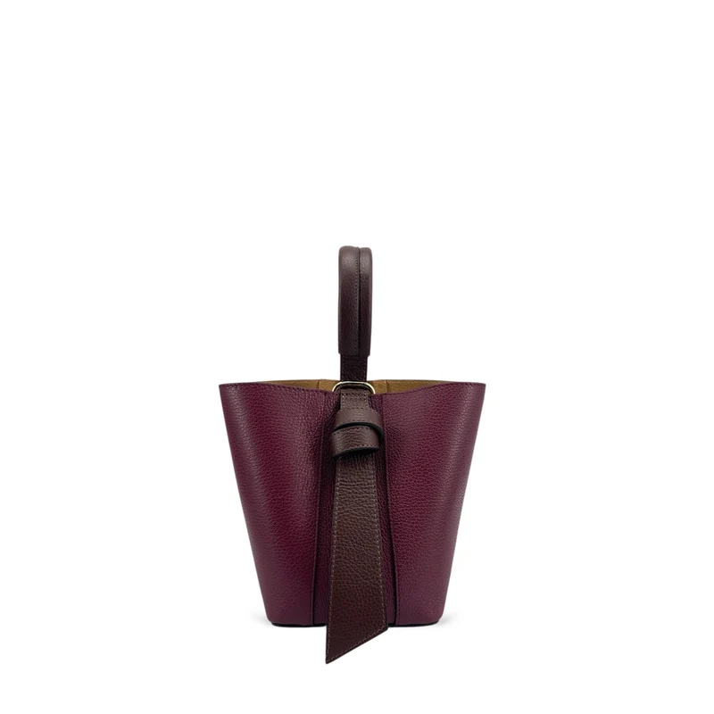 Sac seau et pochette en cuir grainé BIRDIE Marron chocolat et Bordeaux